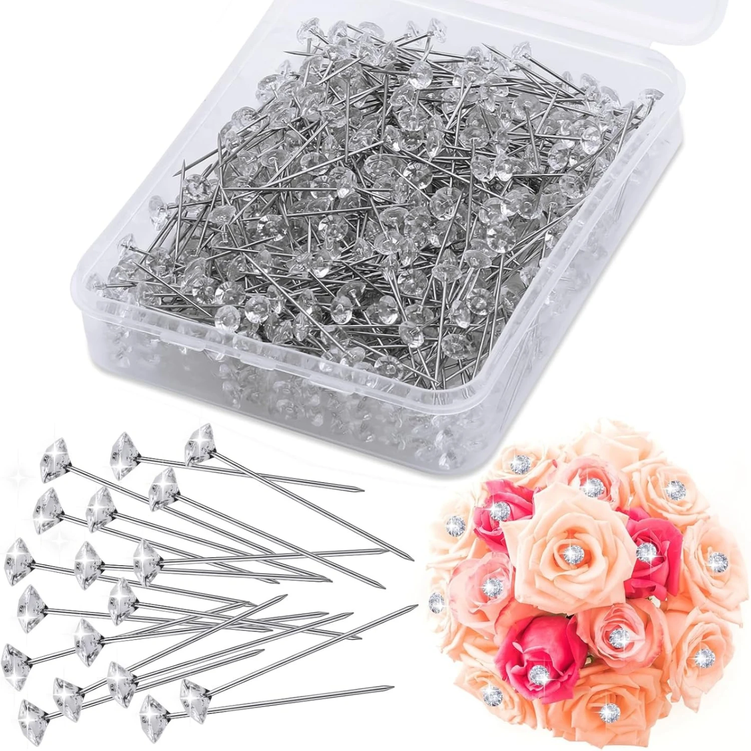 

50/100pcs Bouquet Pins Flower Pin Round Diamond Crystal Floral Pins Rhinestone Wedding Corsages Pins Diamond Head Straight Pin