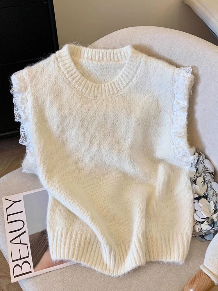 Zoki Lace Patchwork Sweet Sweater Vest Women Vintage O Neck Casual Knitted Tops Korean Preppy Style Lady Lazy Wing Cute Vest New