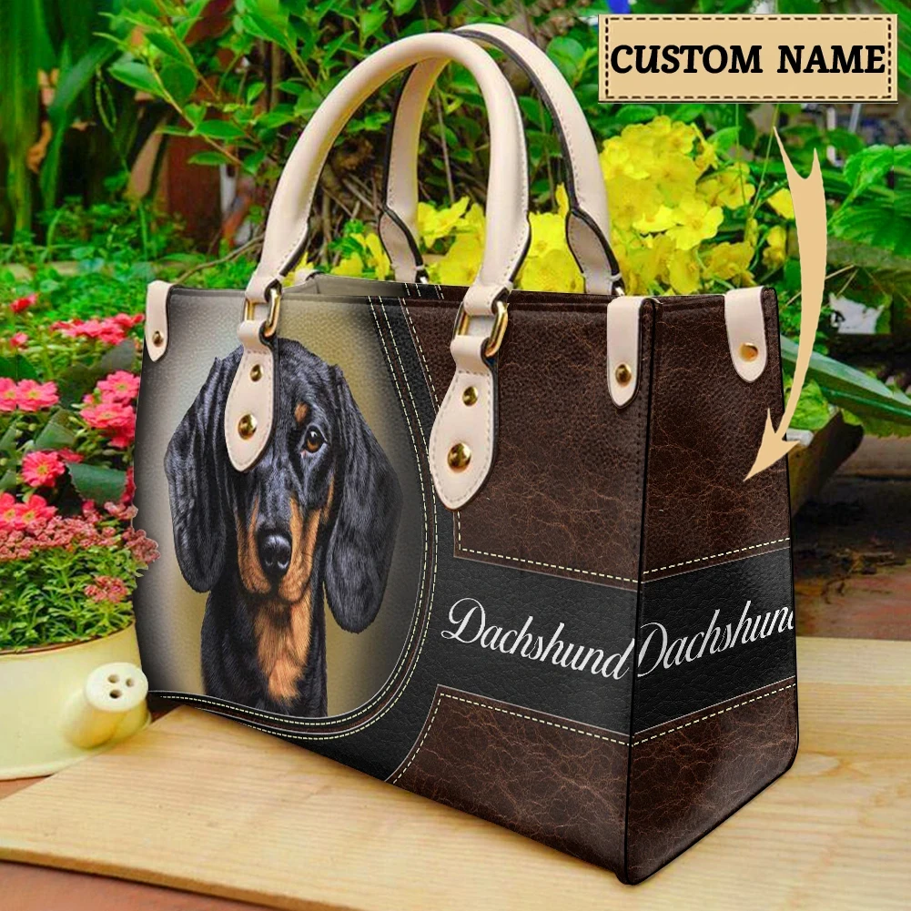 

Brown Leather Shoulder Bags for Woman Cute Dachshund Dogs Print Casual Handbags Famous Designer Luxury Tote Bag Purse Top-Handle