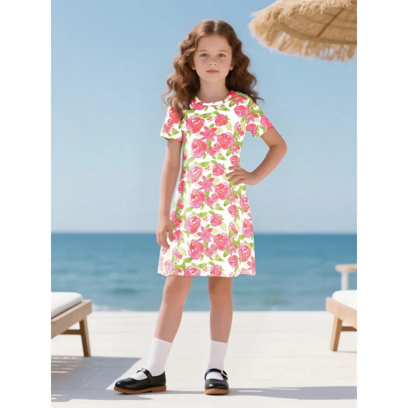 

Girls' Watercolor Style Pink Floral Print Short Sleeve Dress Fresh Summer Sweet All-Matching Skirt for Kids
