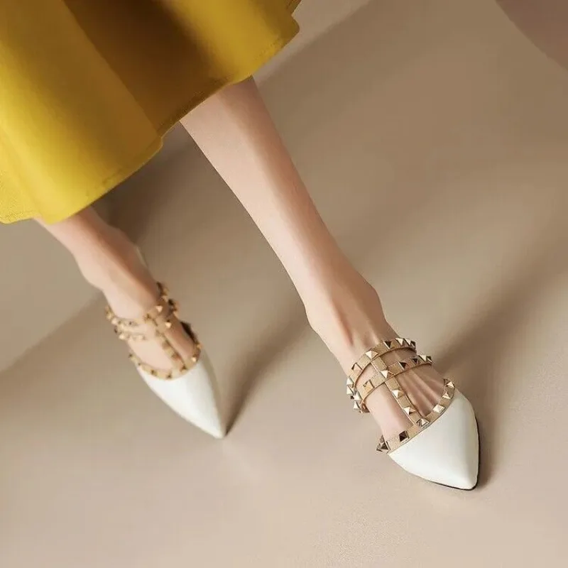 Riveted Slippers Women\'s Summer New Coarse Heel Pointed Half Baotou Open Heel Half Tow Roman Single Shoes