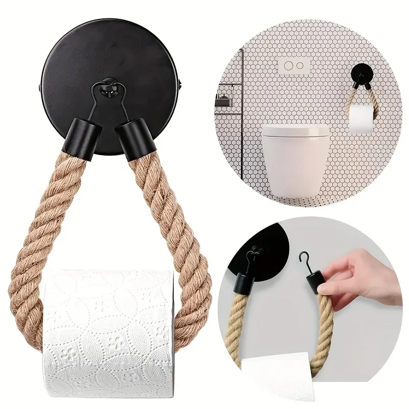 

1pc Hemp Rope Self-Adhesive Wall Mounted Toilet Paper Holder - Towel Storage Rack for Home Use