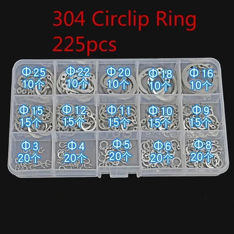 225X Circlip Retaining Ring Snap  Card Outer Clamp Spring C-type Shaft Collar Washer Assortment Kit A2 Stainless Steel 3-25