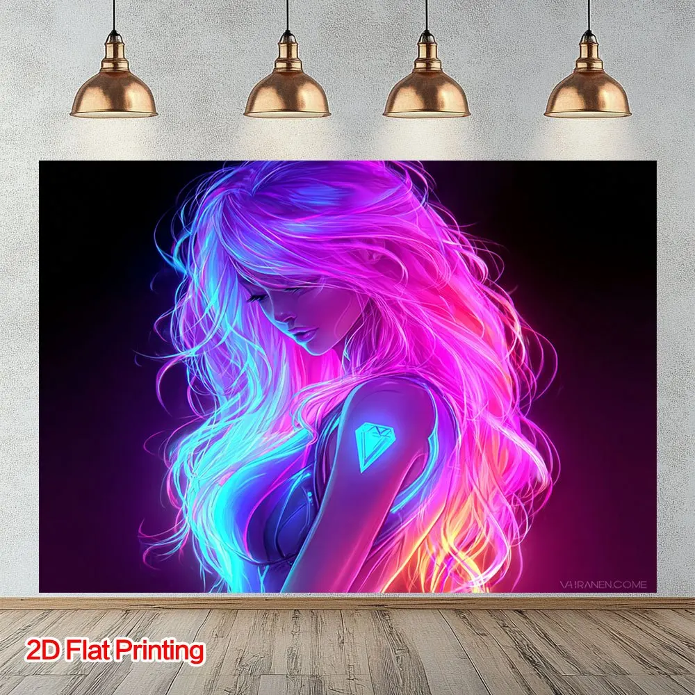 

Неоновый портрет женщины на холсте с яркими волосами и татуировкой в виде бриллианта для современного домашнего декора, настенная живопись, 2D-печать