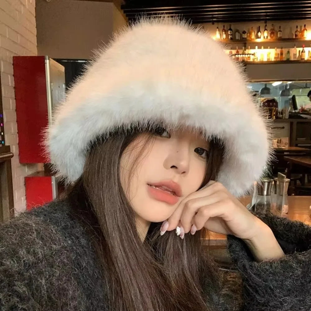 New Warm Fluffy Fur Bucket Hat Thicken Cold Fisherman Hat Cover Head Cap Ear Protection Panama Cap Chrismas Gifts
