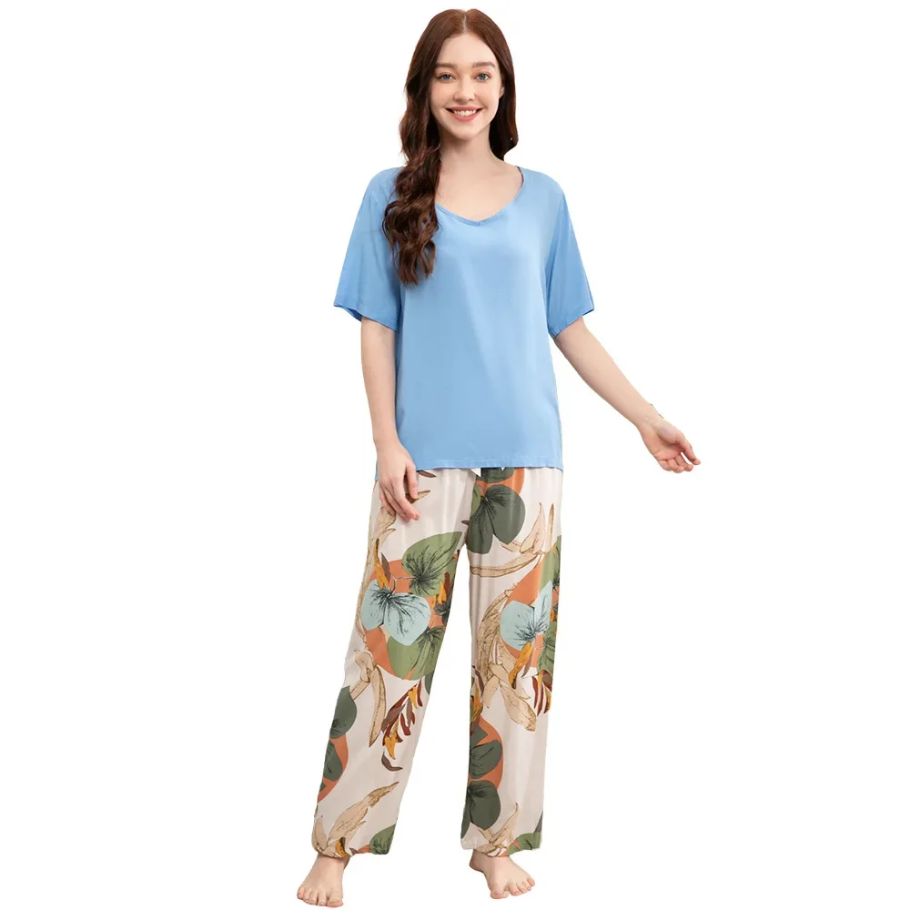 Plus Size S-3XL Women's Viscose Pajama Set with T-Shirt and Wide Leg Pants Butterfly Bowtie INS Homewear Sleepwear Pyjama