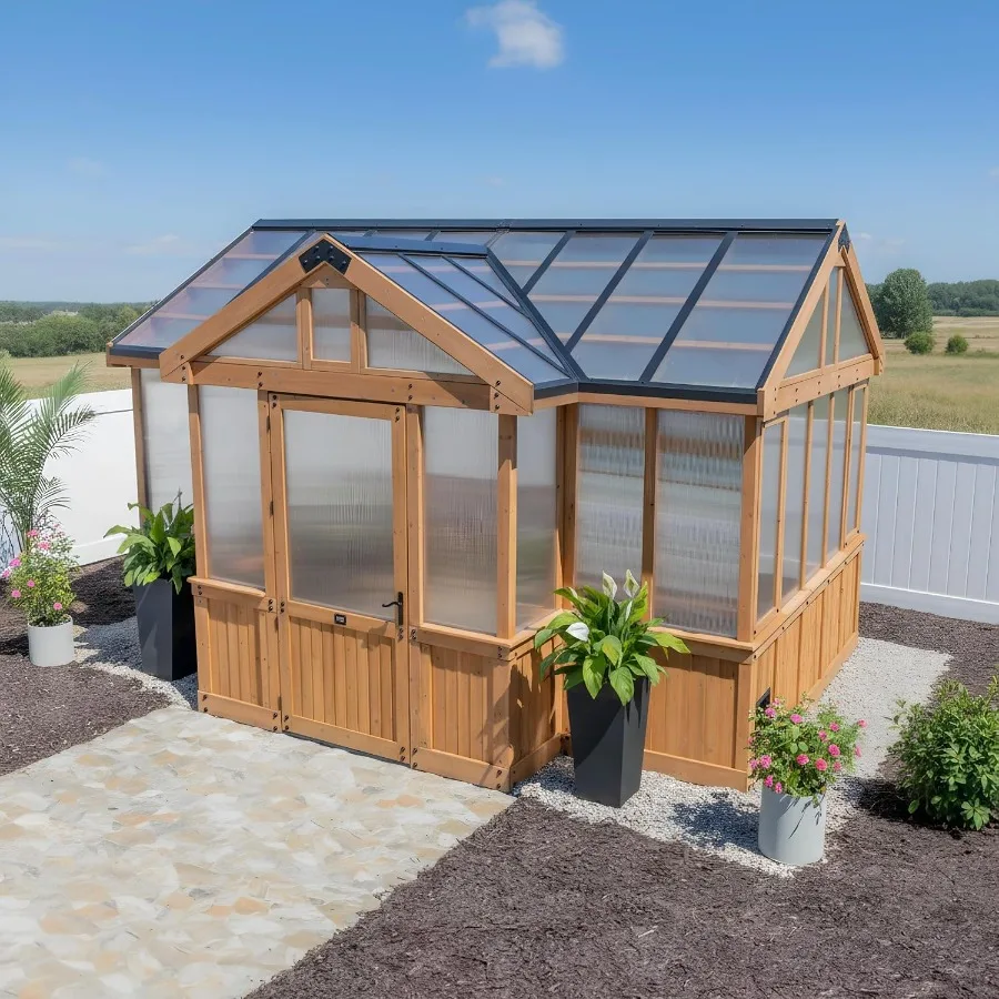 Savannah Chalet-Style 14.5' x 12' Cedar and Polycarbonate Walk-In Greenhouse Kit with Sink, Exhaust Fans, Windows, Hose Hook-Up