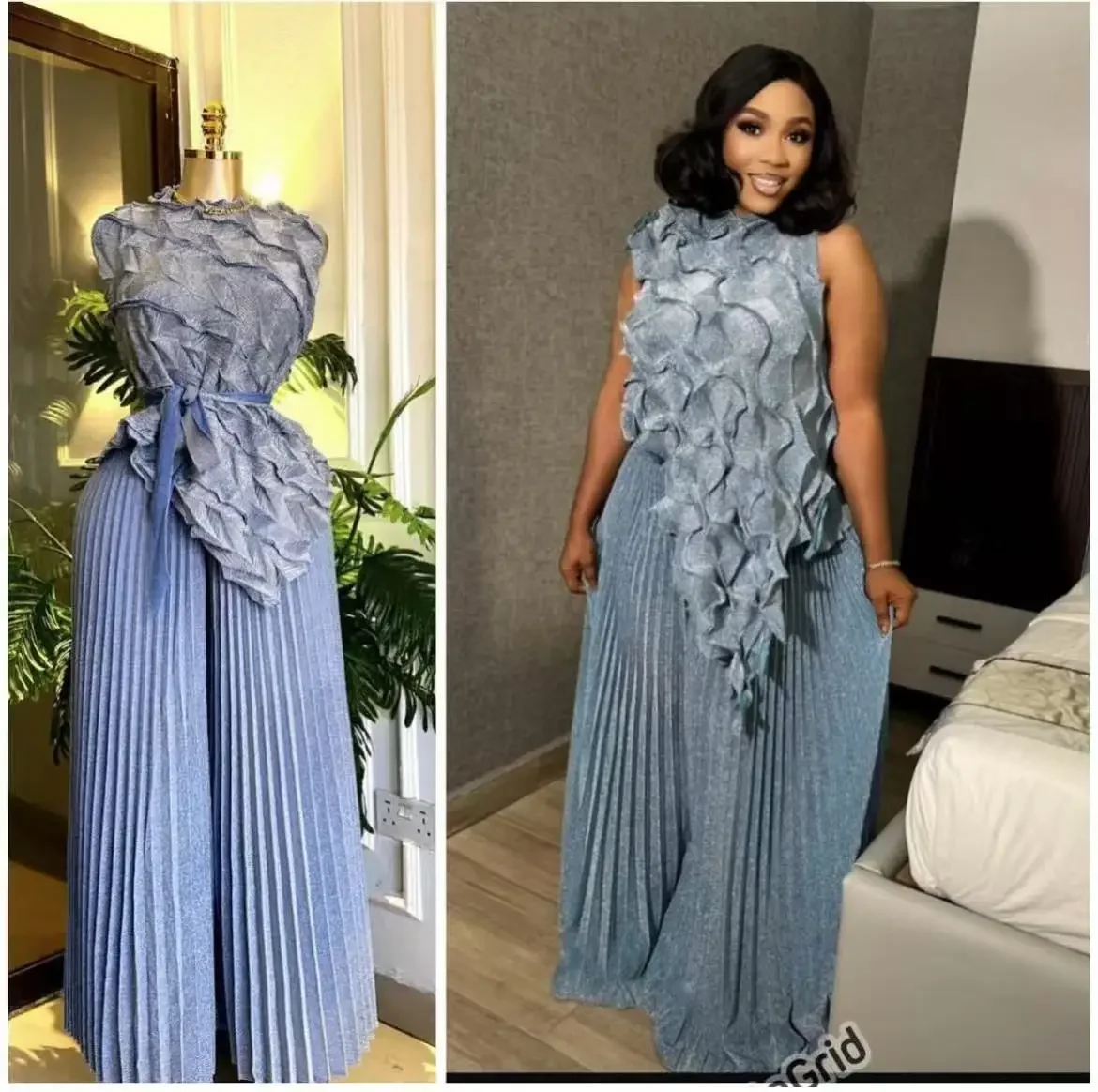 

2025 African Pleated Pants Sets Women Round Collar Irregular Lace-up T Shirt + Wide Leg Trousers Loose Clothing