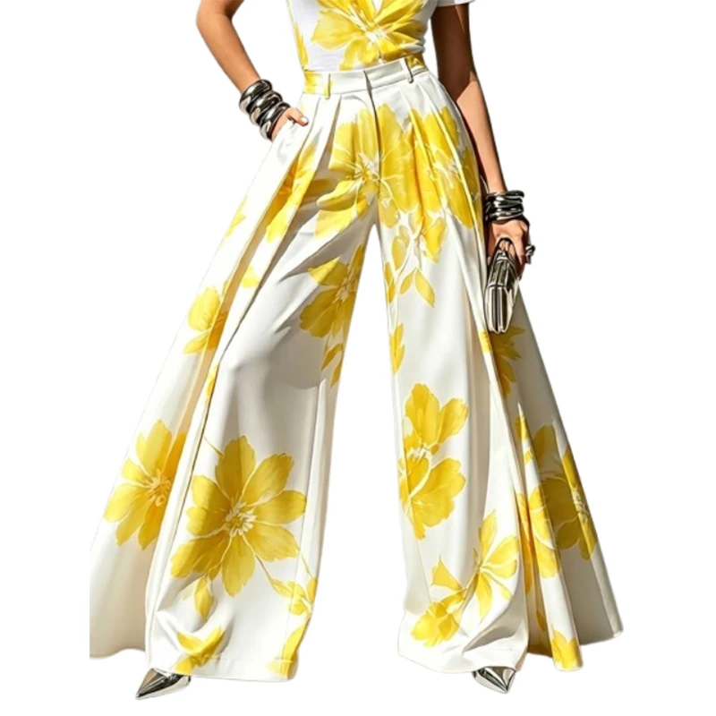 Yeezzi Women's Trendy Yellow Floral Printed High Waist Pleated Wide Leg Pants 2026 New Loose Pockets Palazzo Casual Trousers