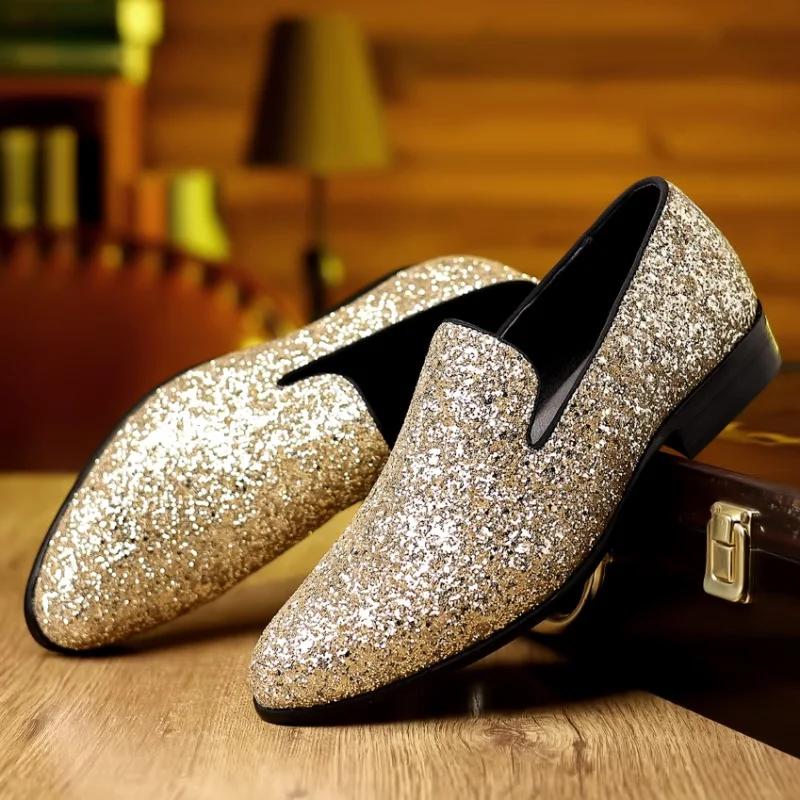 High Quality Men Formal Party Shoes New Luxury Loafers Men Shoes Gold Silver Sequin Wedding Shoes Fashion Designer Slip on Flats