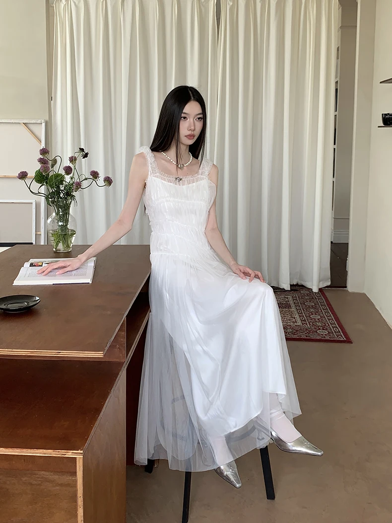 Sukienka balowa bez rękawów CHEERART, biała, tiulowa, urodzinowa, damska, letnia, z siateczkowymi tunikami, długa sukienka wieczorowa na ramiączkach w kształcie litery A.