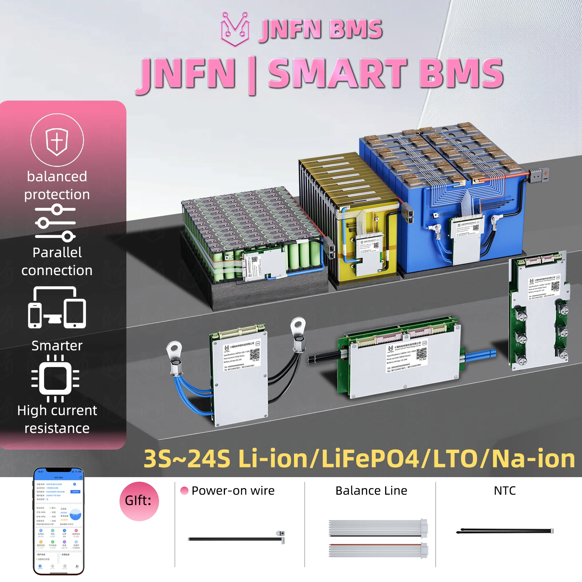 Ant Smart bms 3S 4S 7s 16s 20s 22s 80A 130A 230A 400A Lithium Battery bms for 18650 Lifepo4 LFP Li-Ion with BT/UART/RS485/CAN