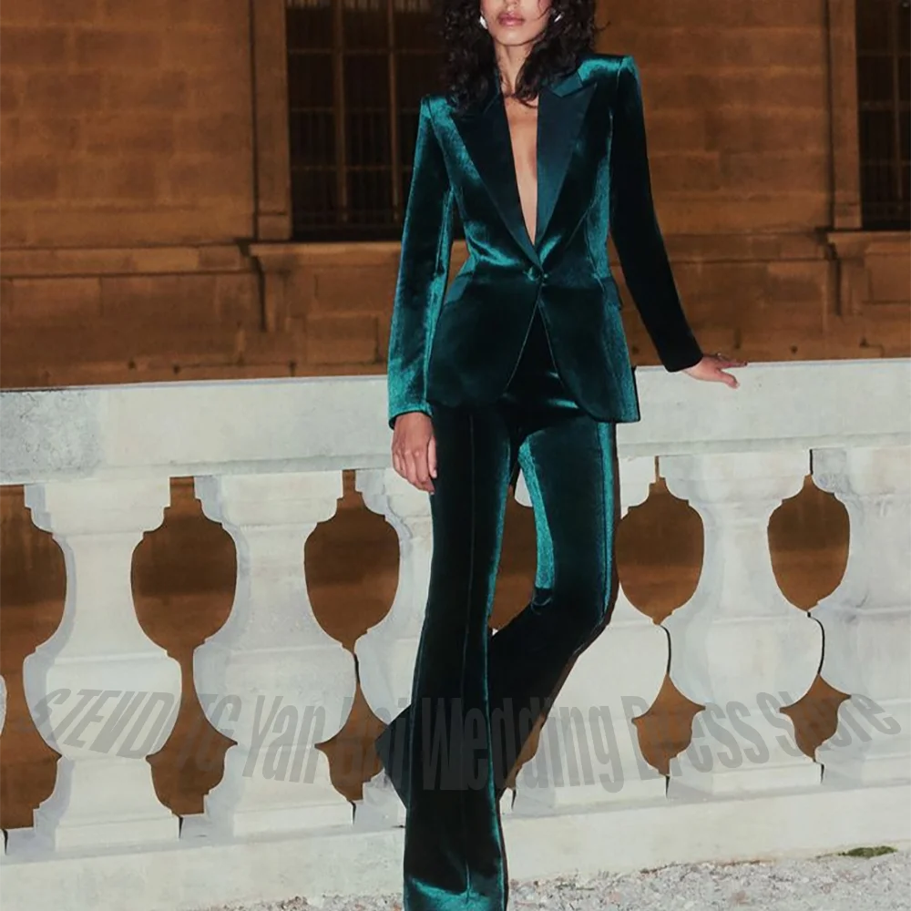 Green Velvet Women's Suits With Satin Lapel Slim Fitted Fashion Clothes Set Peaked Single Button Chic Casual Lady 2 Pieces