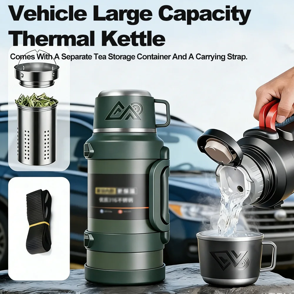 

Large Capacity Thermal Water Bottle, Insulated Vacuum Flask for Car, Home, Outdoor & Travel, Portable with Carry Strap & Handle