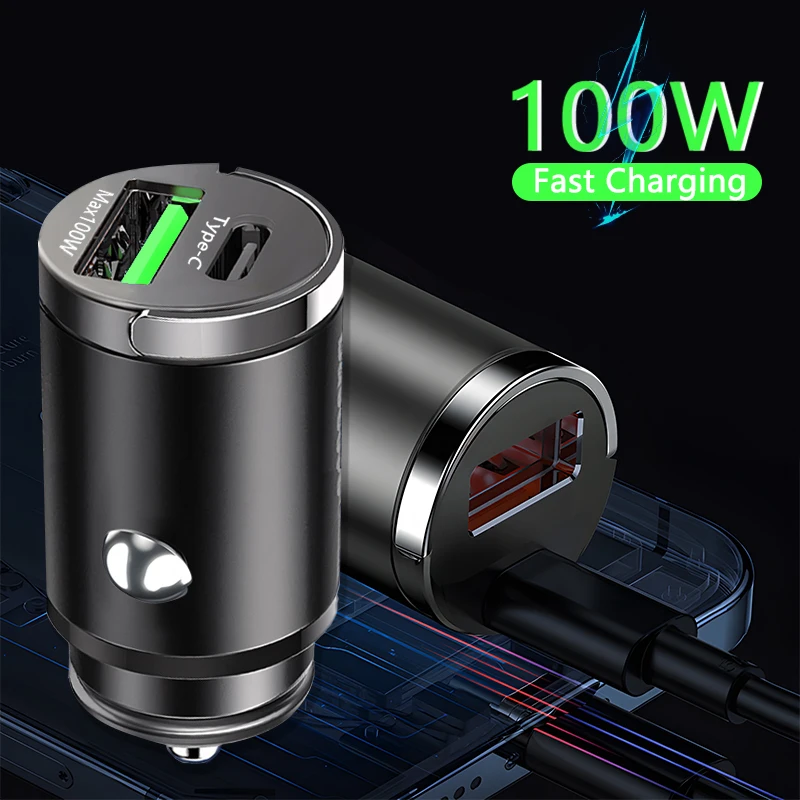 100W Mini Car Charger Lighter Fast Charging For IPhone 15 Pro Samsung Huawei Xiaomi Socket Cigarette Lighter Charger Dual Ports