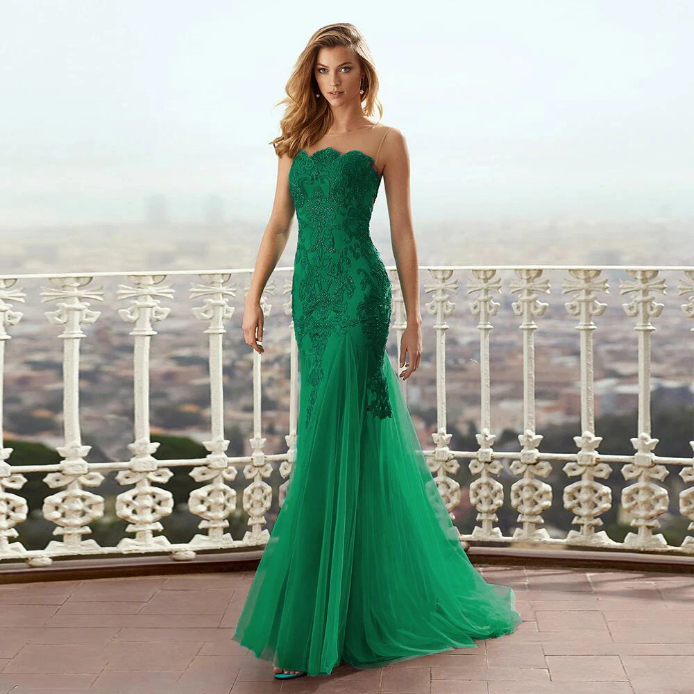 Customized Elegant Green Evening Dress Sheer Scoop Neck Lace Appliques Mermaid Prom Formal Gowns Vestidos Feast Robe De Soiree