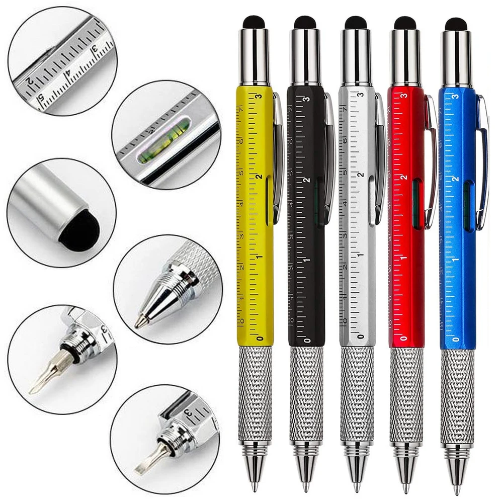 Universal 7 in 1 Multifunctional Pen Touch Screen Stylus Capacitive Pen with Screwdriver Ruler Levelgauge Ballpoint Pencil Tool