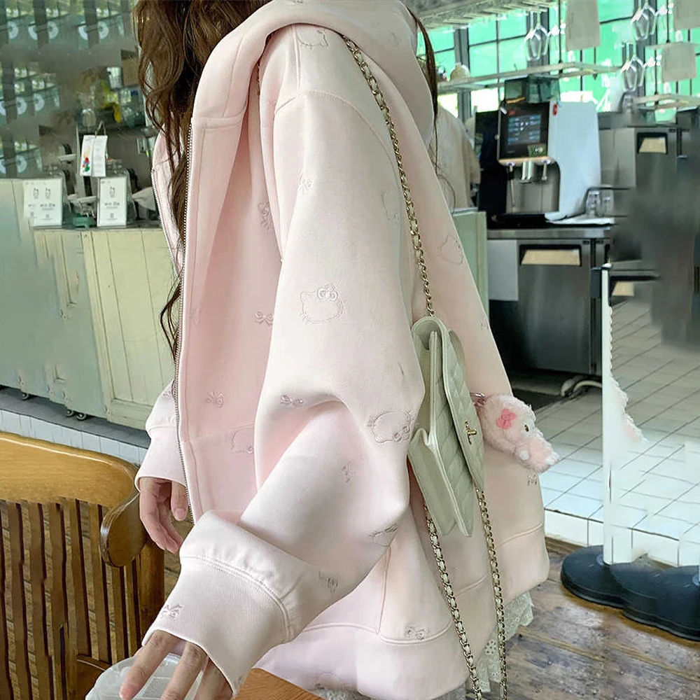 

Kawaii Embroidery Hello Kitty Hoodie Sweatshirt for Women Sanrio Autumn Kt Loose Casual Sweet Sweet Loose Cardigan Hooded Jacket