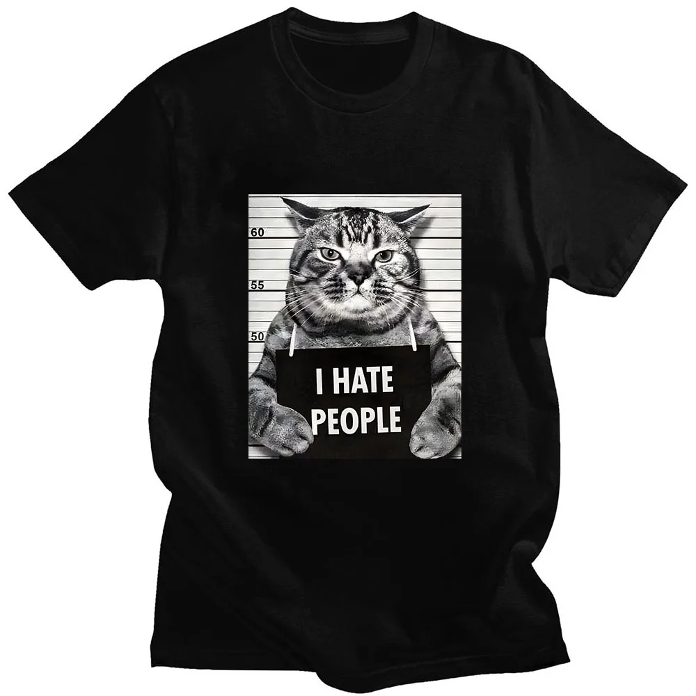 I Hate People Meow Print T-shirt Fun Cat Print T Shirts Loose Street Short Sleeve Female/Male 100% Cotton Clothing Casual Tshirt