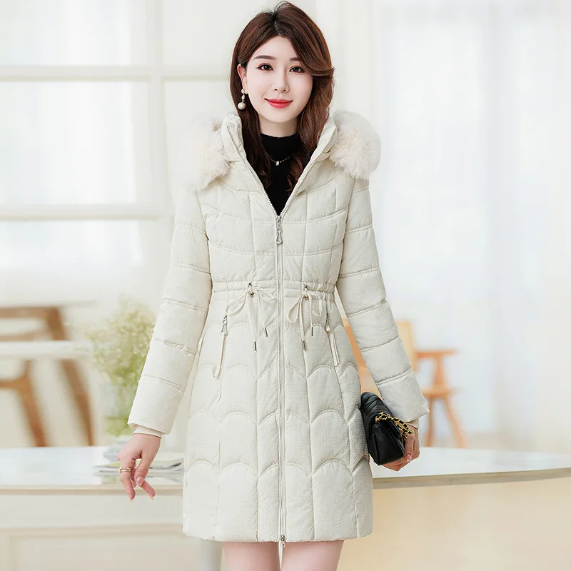 Parkas Women Hooded Fur Collar Coats Zipper Drawstring Tight High Waist Thick Splice Jackets Mid Length Outerwear Slim Fit