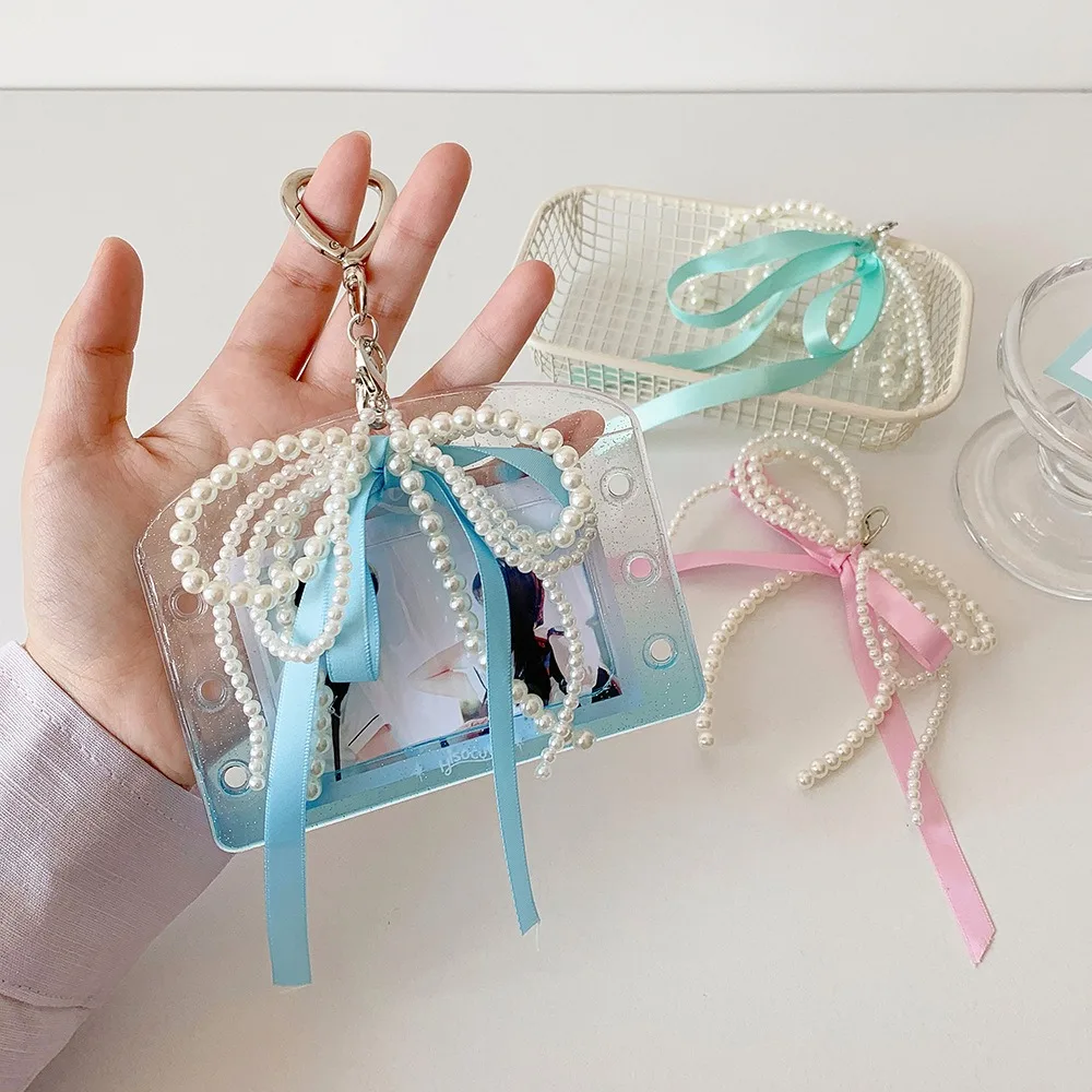 With Keychain DIY Ribbon Photocard Holder PVC Card Cover Love Heart Pendant Idol Card Display Protector Hanging Decoration
