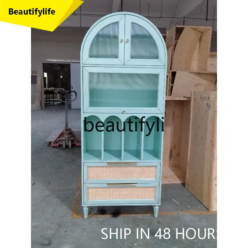 

6239 American Style Solid Wood Bookshelf Light Luxury Floor Wine Cabinet Sideboard Vintage Arched Decorative Cabinet