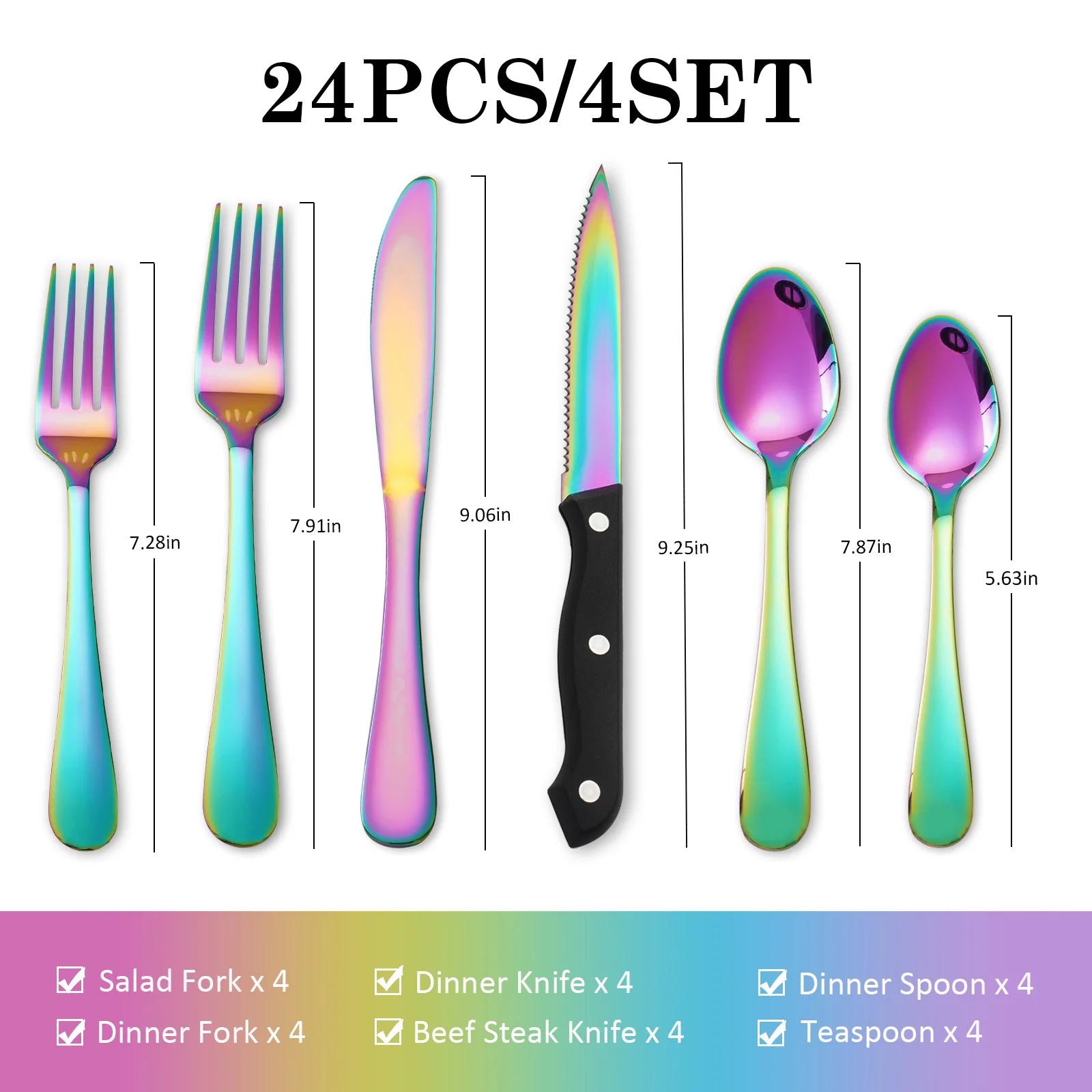 KOOMADE 24PCS Rainbow Stainless Steel Flatware Set for 4, Titanium Plated Cutlery Set with Steak Knives, Forks & Spoons