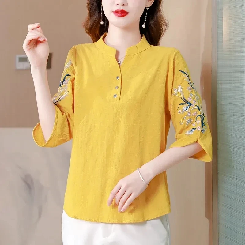 Women Shirt Summer 2024 New Middle-Aged Mother Embroidered Shirt Coat Female Loose Short Sleeved Temperament Ladies Casual Tops