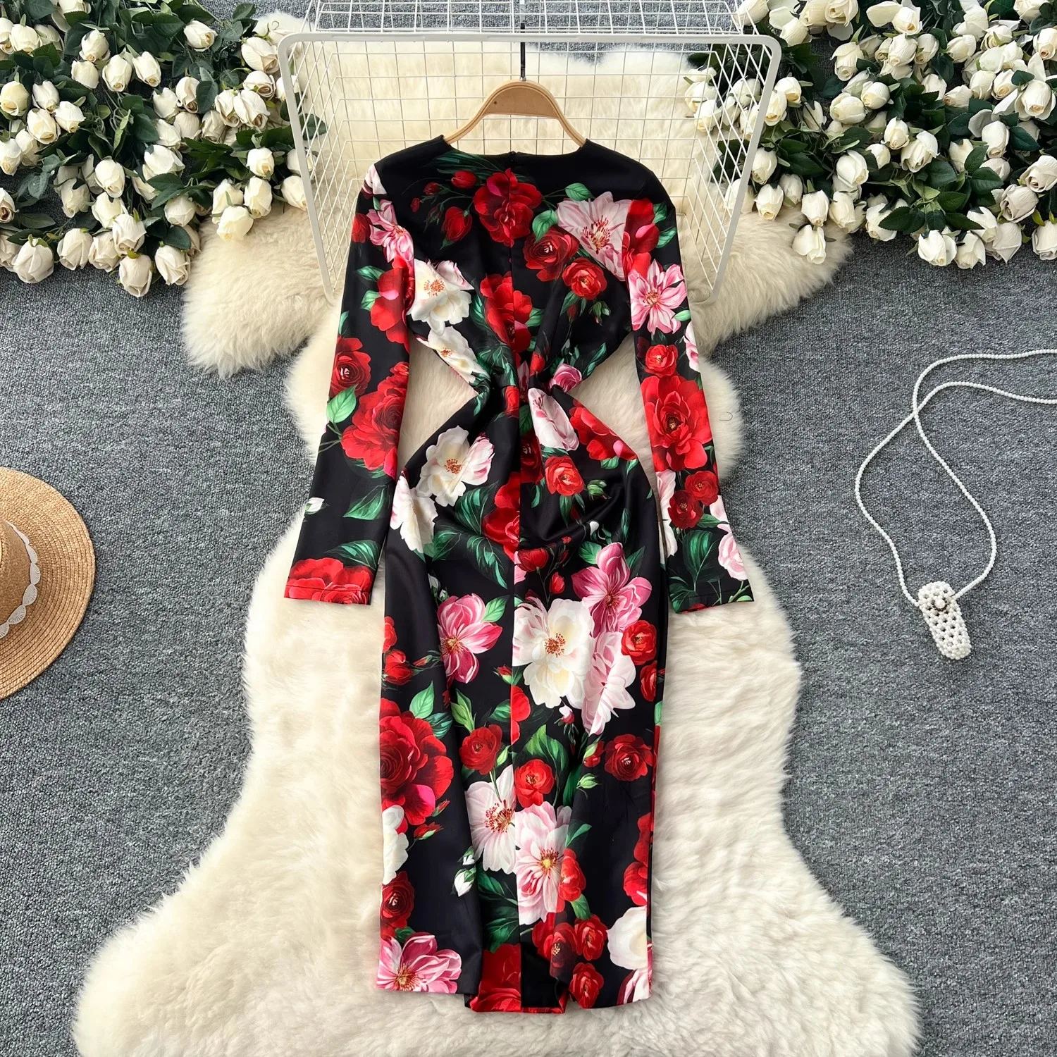 Pista de verão elegante lindo pacote de flores hip split vestido feminino o-pescoço manga longa magro high street bodycon vestido de festa