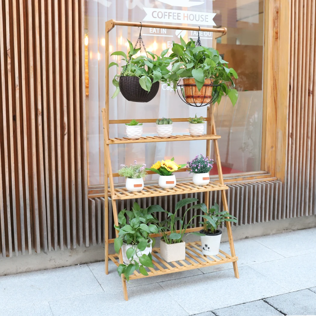 Soporte plegable de bambú para plantas colgantes, organizador de macetas, estantes de almacenamiento, estante de exhibición de flores, 3 niveles