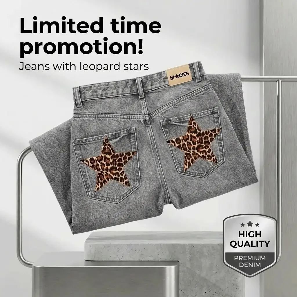 

Retro Women's High Waist Leopard Star Patch Jeans High Waist Straight Jeans Fashion Clothing Clean Blue Trousers Denim Pants