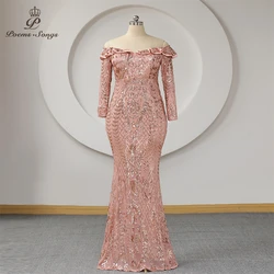 Rose Gold Sequins Long Sleeves Evening Dress Mermaid Ruffle Off Shoulder Plus Size Women Trumpet Prom Dresses Party Maxi dress