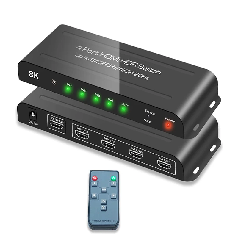 Hdmi 2.1 Schakelaar 4K @ 120Hz 8K @ 60Hz Hdmi Switcher 4 In 1 Uit Automatische Schakelaar Ondersteuning Ps5, Xbox Serie X, 48Gbps, Hdr10 +, Hdcp2.3