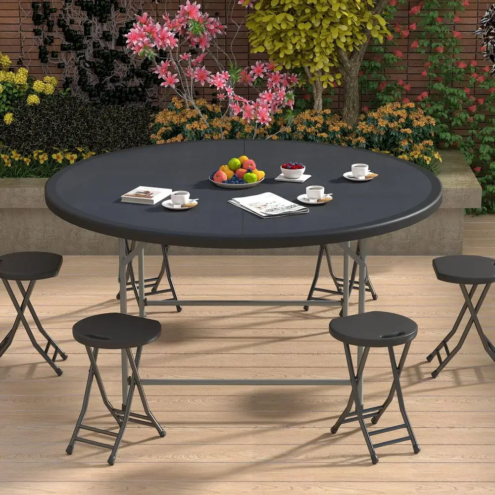 5t Round olding Table with Carry Handle, 60 Inch, Black | Portable, Heavy Duty, Plastic, Utility Table, Steel Legs, Party, Dinin