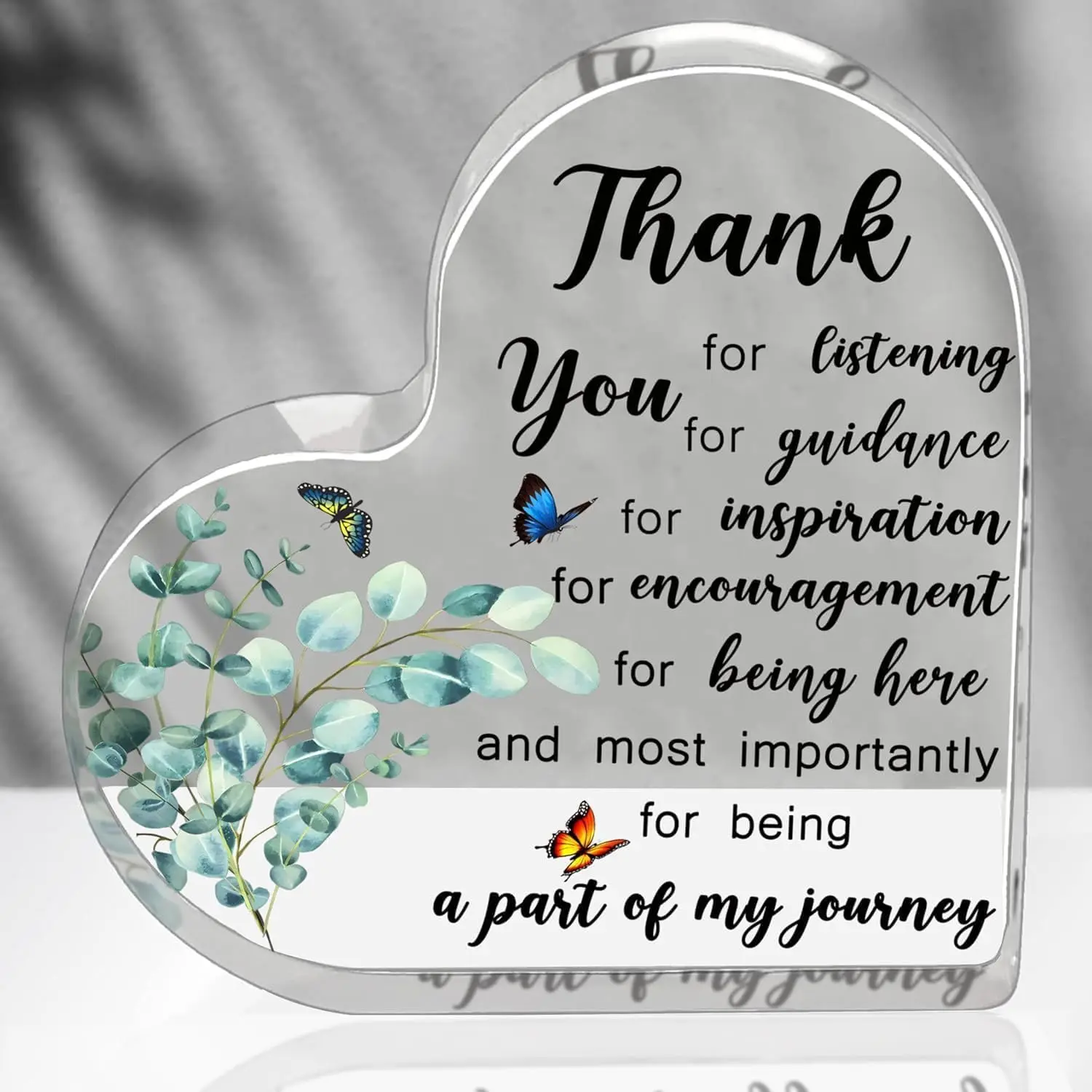 Green Eucalyptus & Colorful Butterfly Heart‑Shaped Acrylic Plaque, Heartfelt Thank‑You Present for Loved One