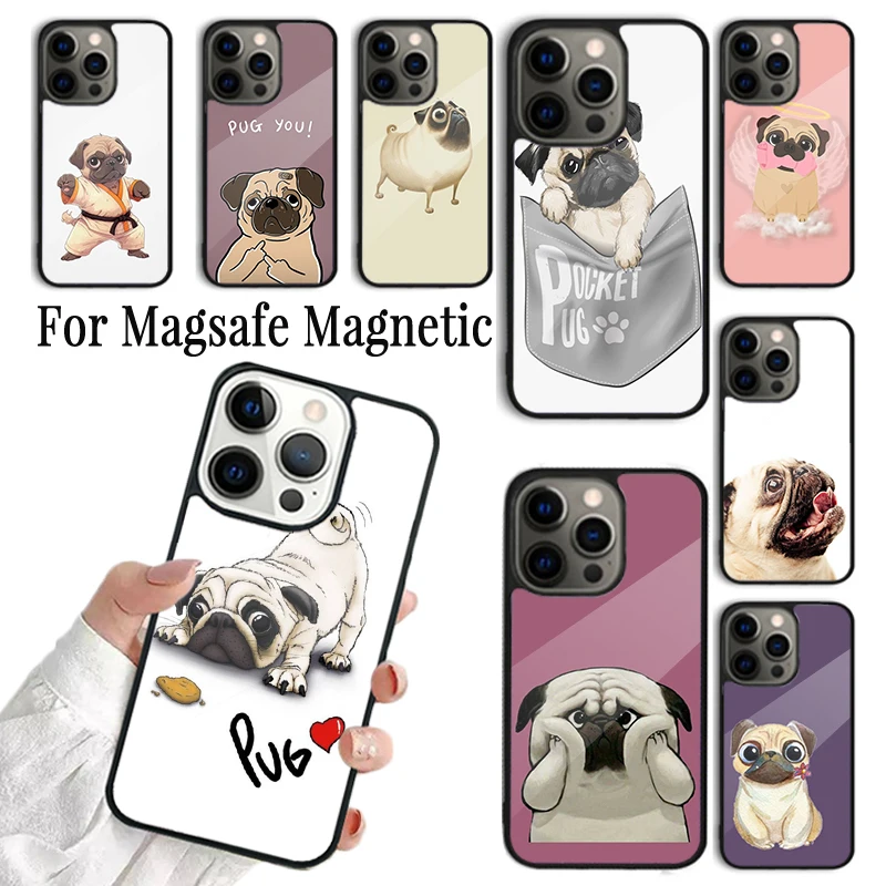 Capa de Celular Divertida com Desenho de Cachorro Pug para iPhone 17 AIR 16 15 14 13 12 11 Pro Max Plus, Capa Magnética Sem Fio Magsafe
