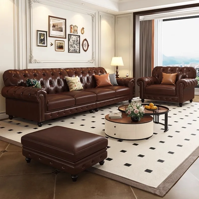 American oil wax leather sofa size apartment first layer cowhide living room straight row four people retro brown leather sofa