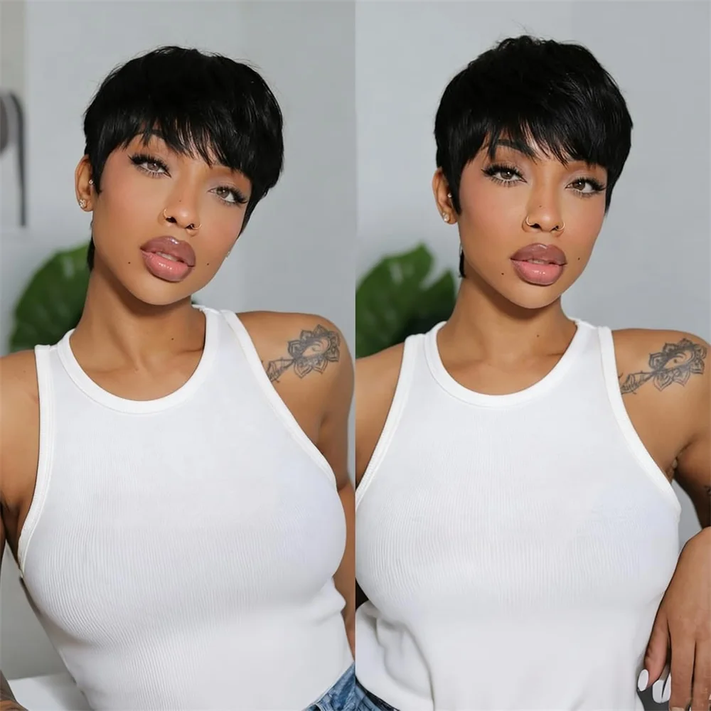 Pixie Cut Wig Human Hair Wig for Black Women Short Bob Wig Short Layered Pixie Cut Wigs Glueless Wig with Bangs image 4