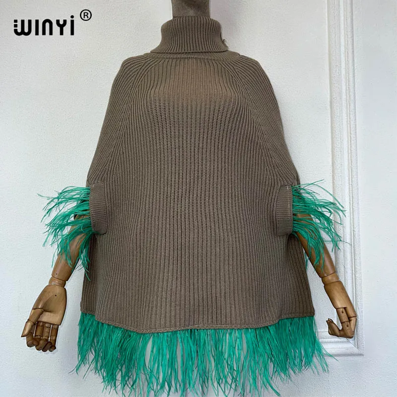 WINYI new 2023 Africa Style Short dress fashion Elastic kaftan Holiday dress Elegant party winter capes for women feather poncho