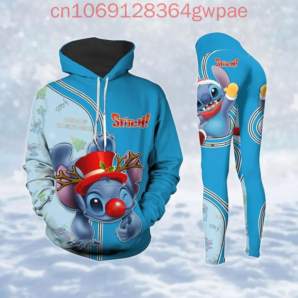 Stitch Christmas Hoodie and Leggings Set Women\'s Disney Stitch and Angel Hoodie Yoga Pants Sweatpants Fashion Tracksuit Set