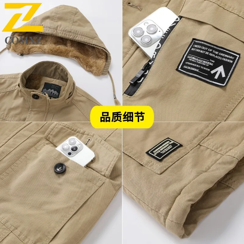 COMXZ 2024 Mens Plus Size Cotton Fleece Workwear American Style Jacket Long Coat Waterproof And Windproof Multi Pocket