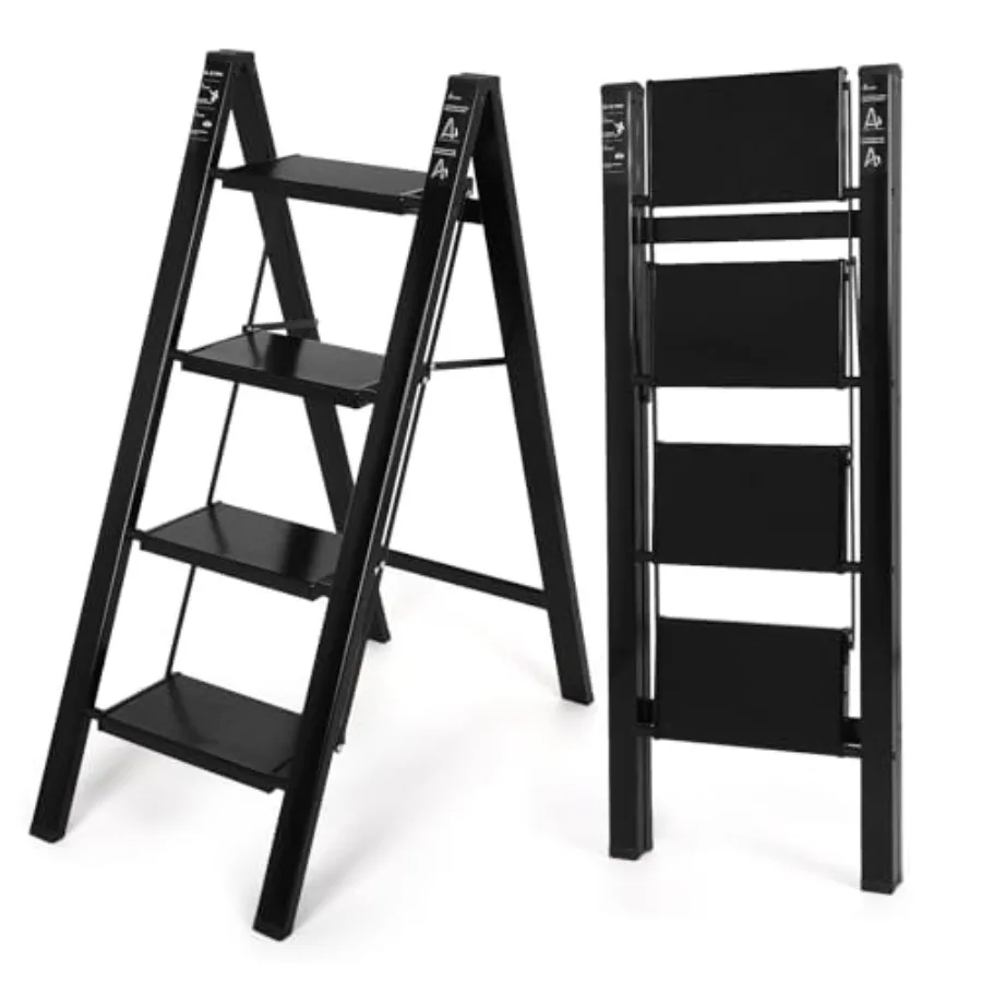 Escalera Plegable de Aluminio de 4 Peldaños con Pedal Ancho Antideslizante de 7.9 Pulgadas y 330 Libras de Capacidad, Color Negro, Ideal para Oficina, Hogar y Cocina