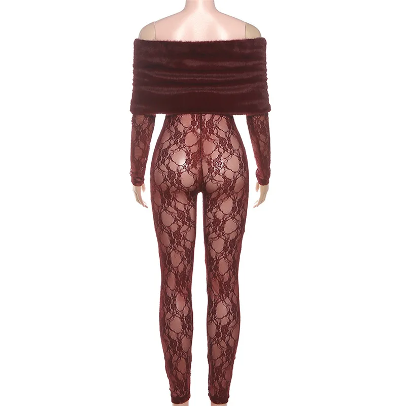 Faux Fur Patchwork See Through Mesh Lace Jumpsuits Women Elegant Sexy Slash Neck Off Shoulder Long Sleeve Club Party Overalls