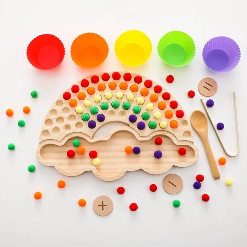 Tellen Pompoms Kids Rainbow Board Montessori Speelgoed Voor Kinderen Educatief Houten Speelgoed Kleur Sorteren Zintuiglijke Motor Vaardigheden Speelgoed