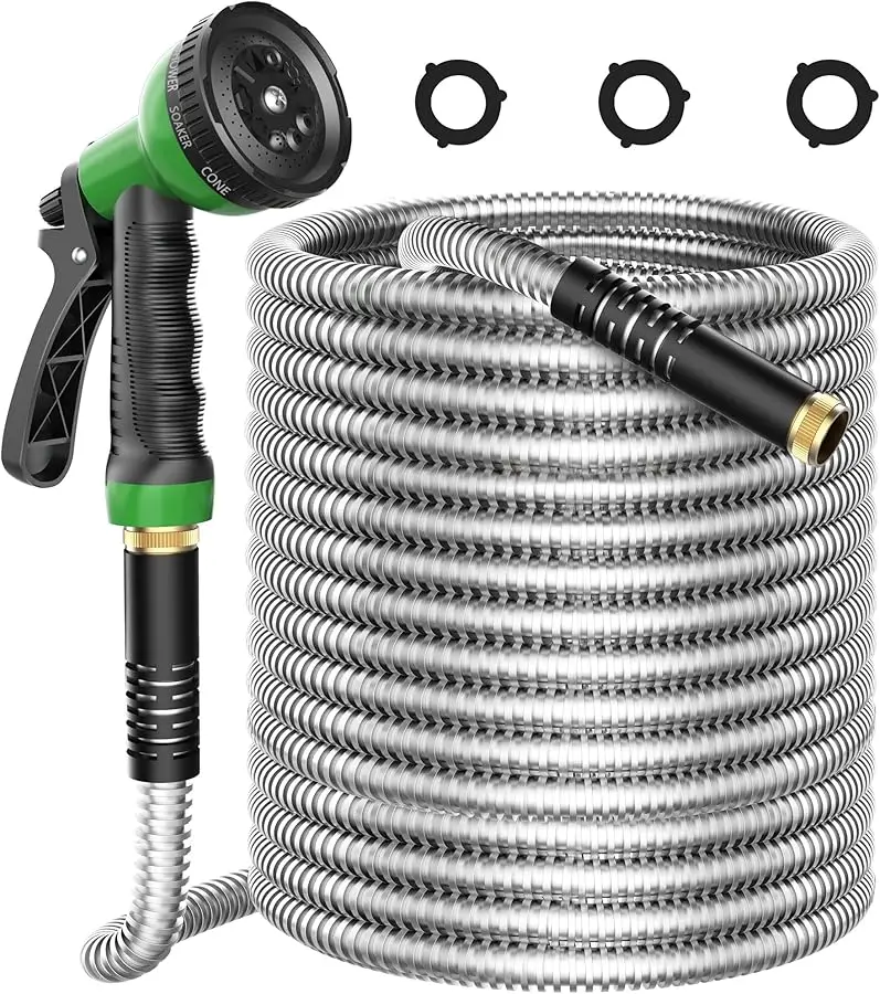 

Metal Garden Hose 25ft, Stainless Steel Water Hose Leak-Proof w/10 Function Sprayer Nozzle, 5/8" Fittings Flexible Garden Hose,