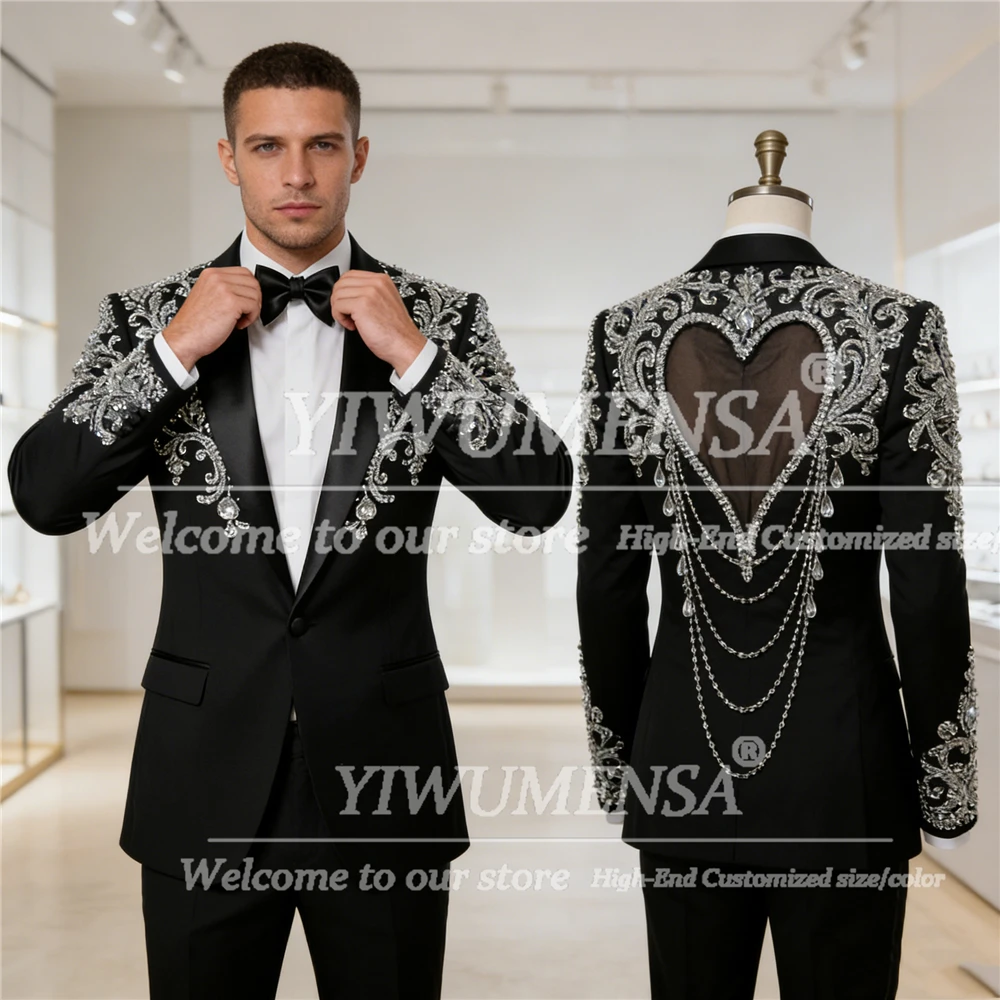 

Luxury Ceremony Suit Attire For Men Beaded Crystals Ornament Prom Blazer Cut-Out Customized 2 Piece Set Groom Wedding Tuxedo