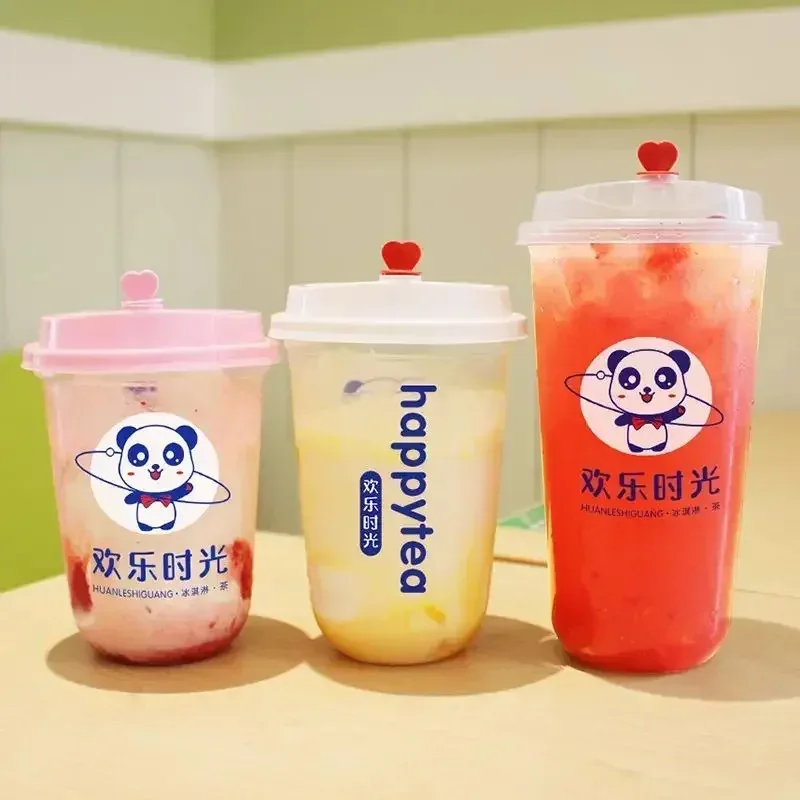 

TOPMAYA 100 шт. одноразовые U-образные чашки калибра 90 мм, утолщенные чашки для упаковки чая и кофе с молоком, милая мультяшная пластиковая кружка с пандой