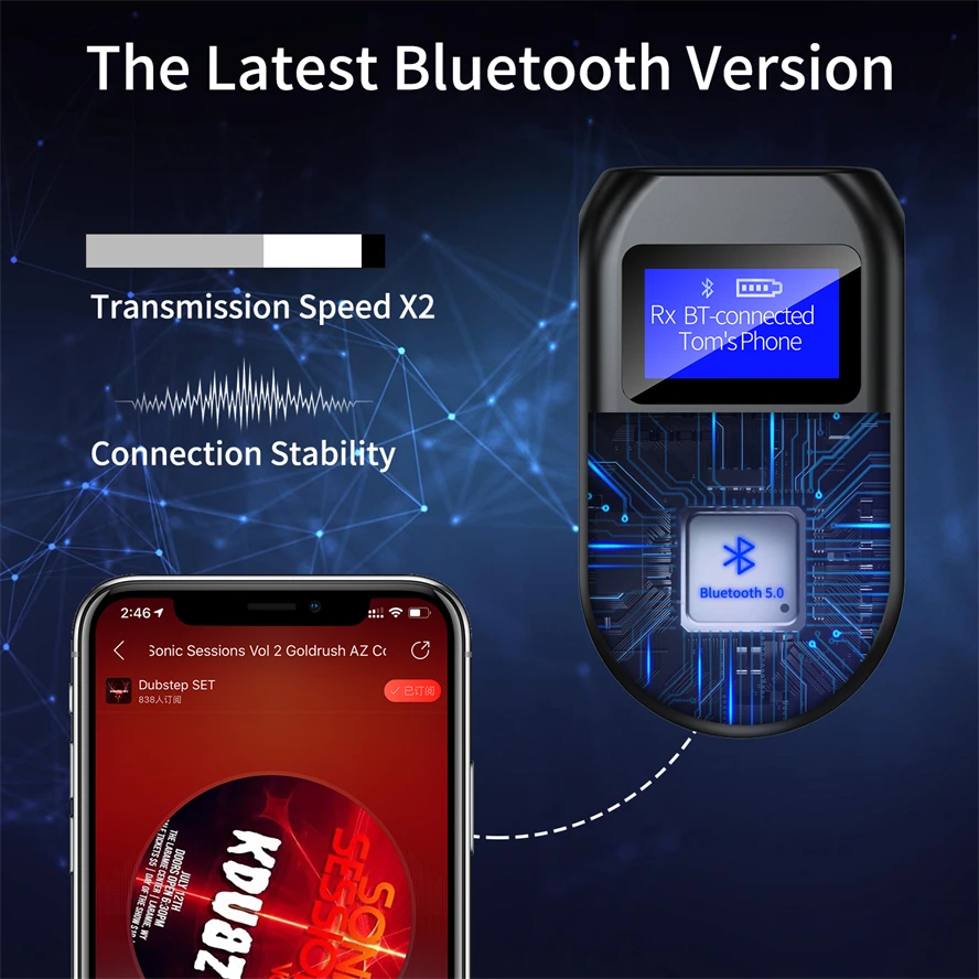 Bluetooth 5.0オーディオトランスミッタレシーバ3.5ミリメートルジャックauxワイヤレスオーディオアダプタlcdディスプレイテレビ用マイクスピーカーとカーステレオ