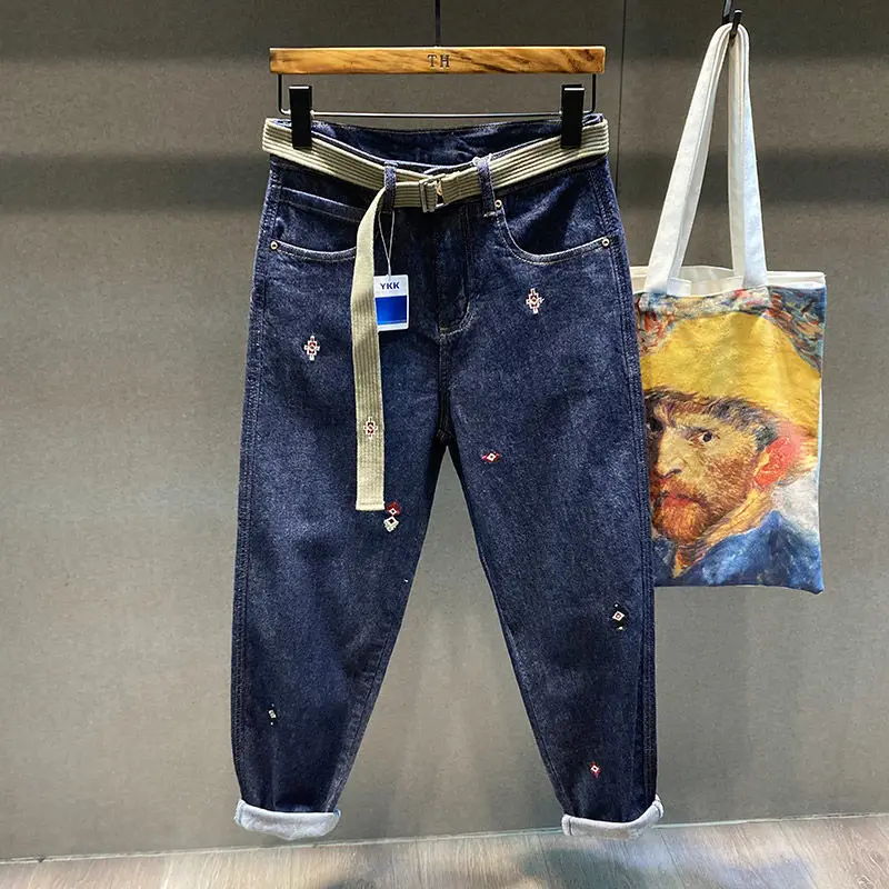 

New Spring and Summer Thin Dark Blue Embroidered High-end Micro-wide Jeans Men's Loose Straight Daddy Harem Pants