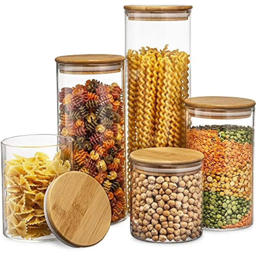 Set of 5 Glass Kitchen Canisters with Airtight Bamboo Lid - Glass Storage Jars for Pantry Organization and Bathroom for Flour C